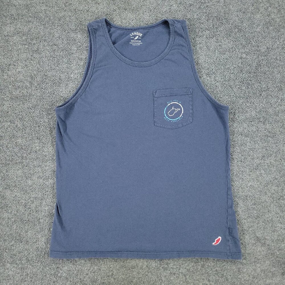 New River Tank Top Shirt Men Medium Blue West Virginia Graphic Sleeveless Pocket